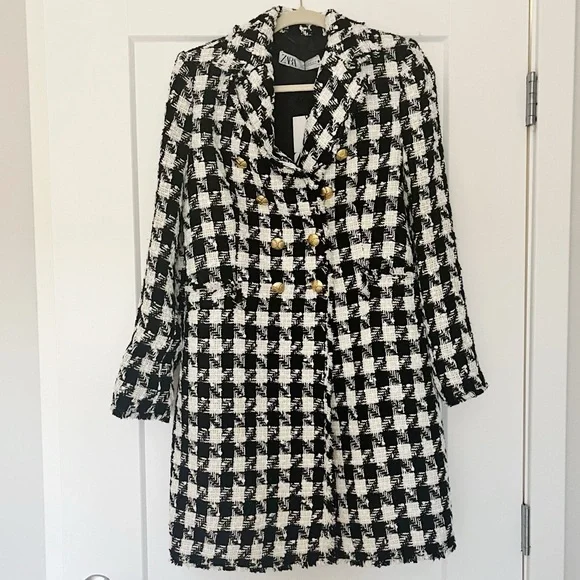 ZARA Houndstooth Double Breasted Boucle Jacket Size M - Picture 2 of 7
